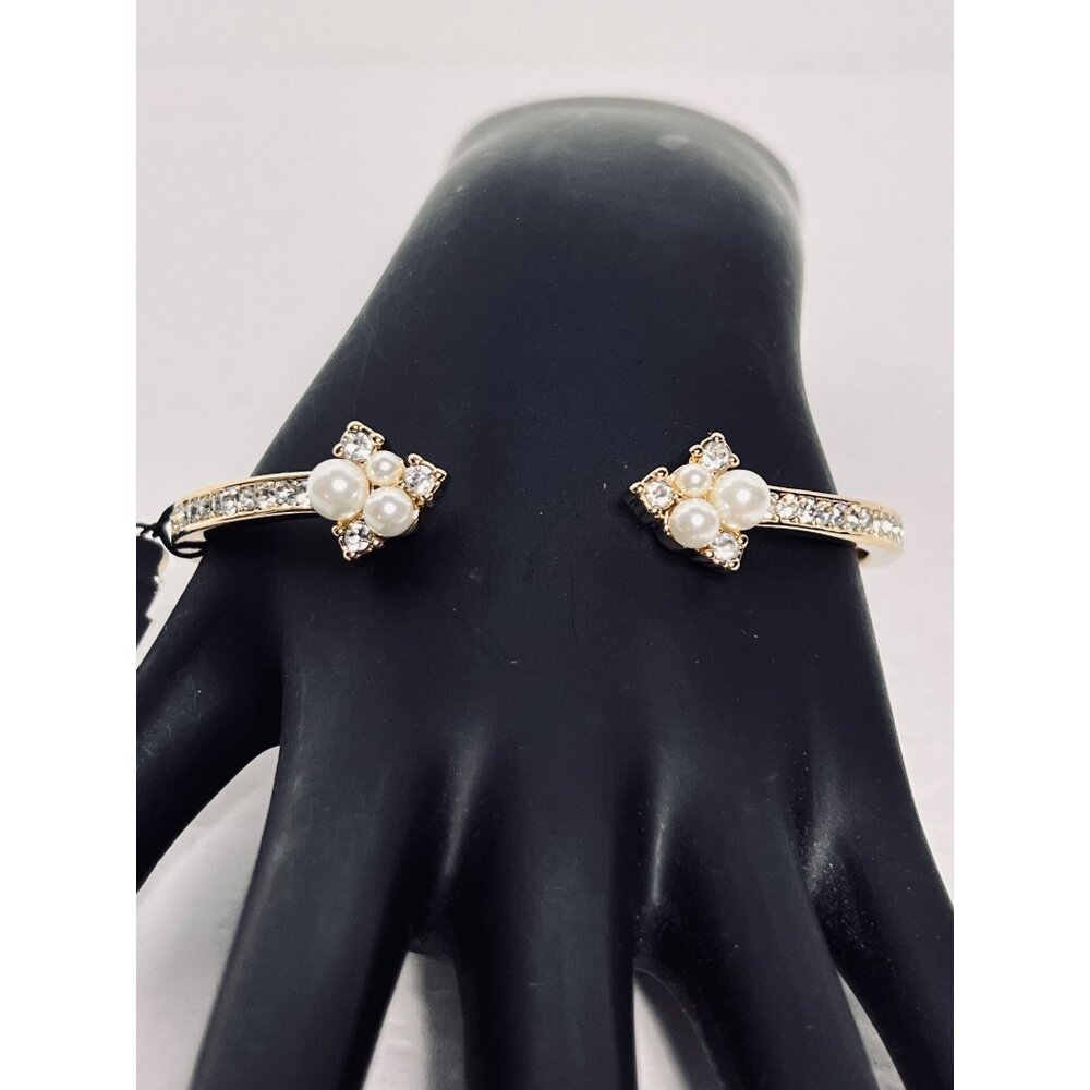 Anne Klein Gold Tone Faux Pearl And Clear Rhinestone Hinged Cuff Bracelet (6261) - Picture 2 of 7